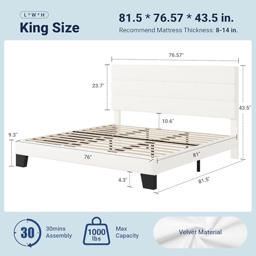 Image of Allewie King Size Platform Bed Frame with Velvet Upholstered Headboard and Wooden Slats Support, Fully Upholstered Mattress Foundation /No Box Spring Needed /Easy Assembly, White