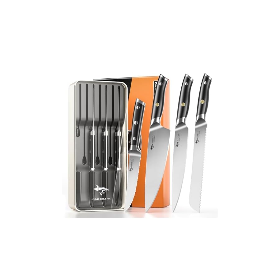 MAD SHARK 8-Piece Knife Block Set, German High-Carbon Steel Chef Set,15° Ultra-Sharp Edge,Full-Tang Lightweight Handle,Gift for husband Wife Friends