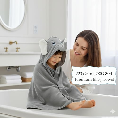 Image of Ultra-Soft Baby Hooded Towel - 100% Cotton Wrap Your Little one in Softness and Joy, Hypoallergenic & Super Absorbent Bath Wrap for Newborns & Toddlers | Cute Animal Design,(0-5Years) (Grey Elephant)