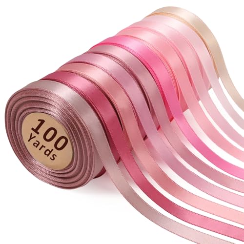 LaRibbons 3/8 Inch 100 Yard Pink Satin Ribbon for Crafts, 10 Yd/Roll 10 Rolls Pink Double Faced Satin Ribbon Pack for Gift, Wedding Party Decoration