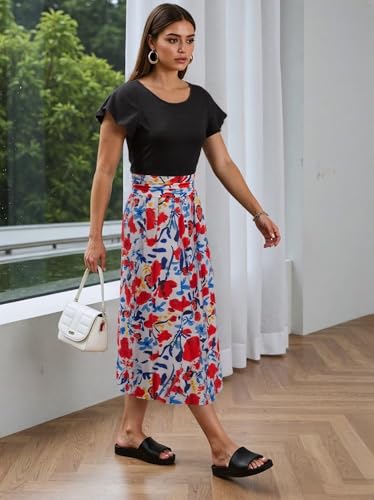 Image of DNFUN Women's Summer Wrap Maxi Dress Casual Boho Floral Ruffle Short Sleeve Beach Long Dresses Red Blue