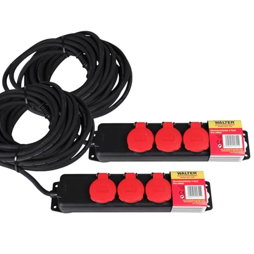 WALTER 2-TLG. 4-Fach Steckdosenleiste 10 m, schwarz, 230 V, 16 A, Innen- und Außenbereich, spritzwassergeschützt, Verlängerungskabel