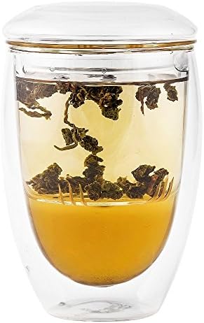 Zen Room Borosilicate Glass Tea Cup with Infuser and Lid/Portable Glass Tea Pot and Tea Maker/ Heat Resistant and Dishwasher Safe (16oz Double Glass)