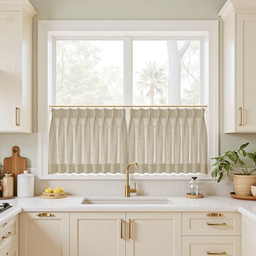 Image of TWOPAGES 34 inch inch W x 30 inch inch L Linen Blend Cafe Curtains for Kitchen Window, Light Filtering Pinch Pleated Tier Curtains, Modern Farmhouse Half Window Curtains for Small Window, Grey Beige, 2 Panels