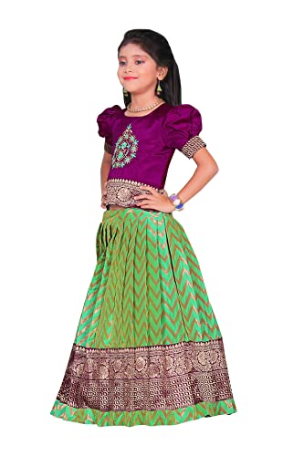 Image of FELIZ THE DESIGNER STUDIO Girl's Readymade Traditional Pattu Pavadai Lehenga Choli Kids( Purple-Pista 9-10 Years )