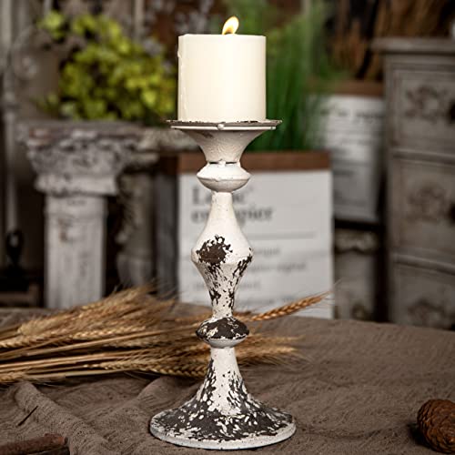 Rustic Iron Candle Sticks Holder Decor-Pillar Candle Holders Antique 10 Inch Tall- Shabby Chic White Candlestick Holders For Wedding Centerpiece Dining Party Halloween Taper Candle Holder #TOP2