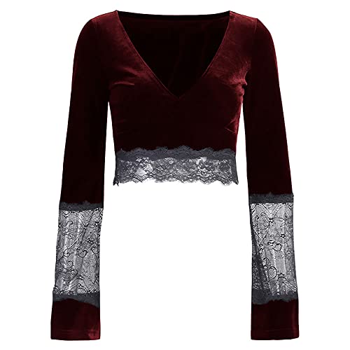 TSMNZMU Womens Gothic Velvet Crop Tops - V Neck Lace Patchwork Long Sleeve Shirt - Witch & Dark Goth Style by TSMNZMU - Image 3