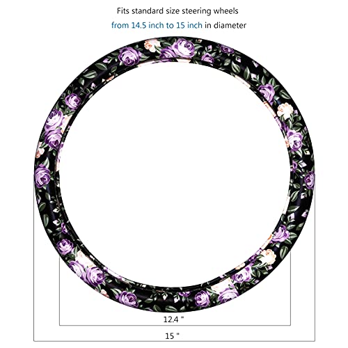 Binsheo Leather Floral Car Automotive Steering Wheel Cover, For Women Girls Ladies, Anti Slip Universal 15, Balck With Purple Flowers #TOP4