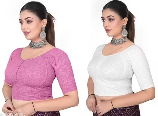 Women's Cotton Blouse | Readymade Saree Blouse with Stretchable Fabric | Round Neck, Pull-On Style | Block Printed Design, Half Sleeves | Traditional Ethnic Wear-image-44