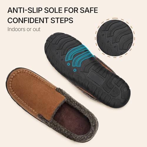 Image of Men's Moccasin House Slippers Memory Foam Suede Plush Indoor Bedroom Shoes | Fuzzy Non-Slip Warm Winter Comfy Cowboy Slippers for Indoor Outdoor Home Dad Husband Grandpa Gifts Black Brown Grey