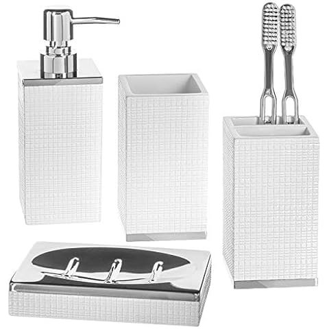 Creative Scents White Bathroom Accessories Set - 4 Piece Bathroom Set with Silver Base - Decorative Bathroom Accessory Set Includes: Soap Dispenser, Toothbrush Holder, Soap Dish and Tumbler (Estella) Cover