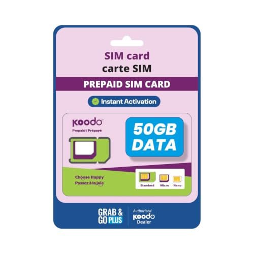 Koodo Mobile 4G LTE Prepaid 25$ SIM Card Starter Kit - Unlimited Talk Canada + 50 GB (4G Network) | 1 Month Prepaid Service Incl. | Pay as You go | Canada