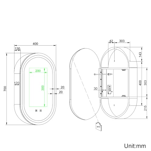 ELEGANT Oval LED Bathroom Black Mirrored Mirror 400x700mm, Illuminated with Shaver Socket, Demister, Wall Mounted, 3 Color Temperature Dimmable