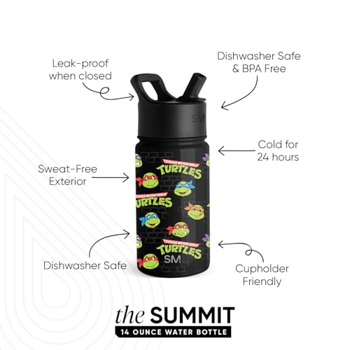 Image of Simple Modern Kids Summit Water Bottle with Straw lid | Teenage Mutant Ninja 14oz Turtles Stainless Steel Cup Insulated Tumbler for Toddlers, Boys, School | TMNT Turtles Unite