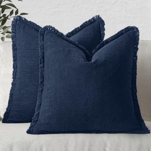 Image of MIULEE Boho Linen Fringe Decorative Throw Pillow Covers Dark Navy 20x20 | Set of 2, Cottagecore Decor, Boho Farmhouse Coastal Pillow Covers, Rustic Couch Cushion Cases for Sofa Bed Living Room