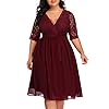 Pinup-Fashion-Womens-Plus-Size-Lace-Top-Wrap-V-Neck-Half-Sleeves-Cocktail-Party-Dress Pinup Fashion Plus Size Cocktail Dresses Women Burgundy Red Lace Top Chiffon Wedding Guest Semi-Formal Maroon Evening Party Wrap Dress