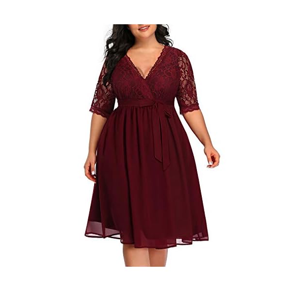 Pinup-Fashion-Womens-Plus-Size-Lace-Top-Wrap-V-Neck-Half-Sleeves-Cocktail-Party-Dress Pinup Fashion Plus Size Cocktail Dresses Women Burgundy Red Lace Top Chiffon Wedding Guest Semi-Formal Maroon Evening Party Wrap Dress