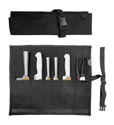 Under NY Sky Estojo Porta Faca - 6 Bolsos, Case em Lona Oxford Resistente, Reforço de Couro - Bolsa Rolo Porta Faca - Chef, Grill, Churrasco - Preto