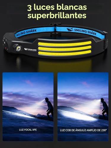 Miniatura 2 de Smiling Shark Linterna Frontal, 230 Gran Angular 3 Tiras Luz Led Blanco De La Headlight Más Brillante Recargable Con Sensor Movimiento Impermeable Camping Ciclismo, Linterna-Frontal-Led-Cabeza-Light