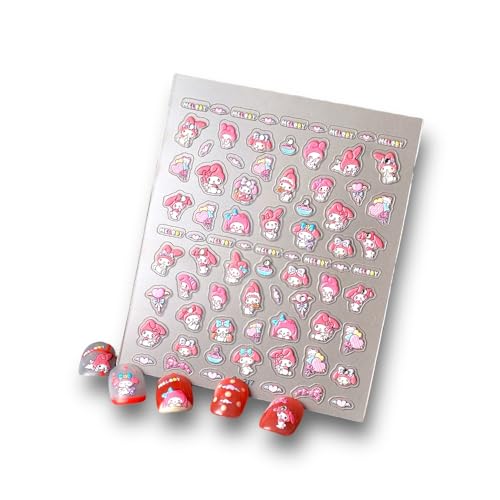 Anime Nail Stickers 5D 3D Embossed Japanese Kawaii Nail Art Decals for Unisex DIY Nails Design, Self Adhesive Stickers for Natural Gel Press On Nails, Cute Otaku Cosplay Gift Pink (MELO)