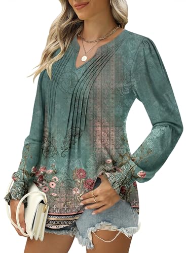 BETTE BOUTIK Long Sleeve Shirts for Women Fall Tops Dressy Blouses Pleated V Neck Tunic Tops for Leggings S-3XL
