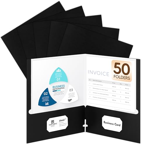 50 Packs Two Pocket Folders,Two Pocket File Folders with Business Card Slot,Black,Letter Size,Paper Folders with Pockets for School Office Home Business