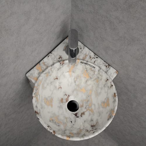 Image of REMOTION Wall Mounted Wash Basin for Bathroom | Wall Hung Corner Sink | Ceramic Round Wall Hung Wash Basin | Wall Hung Small Corner Basin (16.3 x 13.8 x 4.3 Inch) (White Gold Spot)
