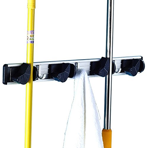Eco-friendly Aluminum 4-Position Flexible Mop and Broom Holder Wall Mount w/ 5 Retractable Hooks