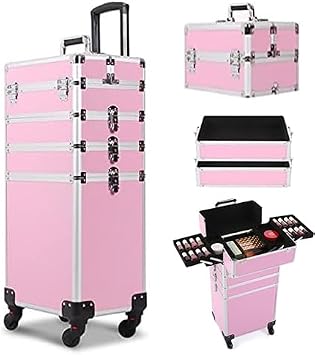 4-in-1 Transformable Rolling Makeup Train Case, Locable Cosmetic Trolley with Aluminum Frame for Make Up Hairstylists Nail Tech