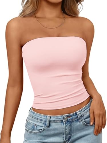 Womens Strapless Tube Tops Backless Sleeveless Bandeau - Summer 2025 Casual Going Out Y2K Basic Tops (Pink,M)