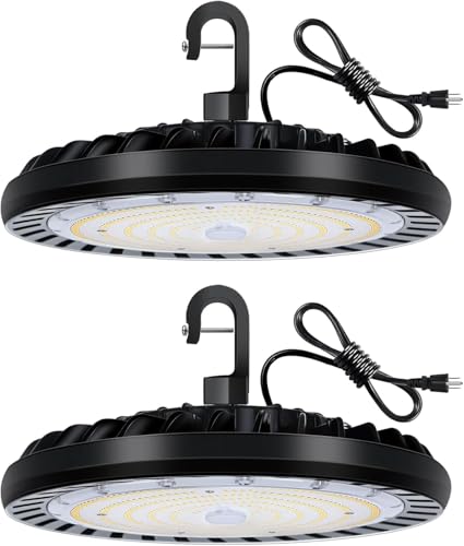 2 Pack LED High Bay Light 150W, 5000K UFO LED High Bay Light Fixture with US Plug [450W MH/HPS Equiv.] 120-277V, 19,500lm, IP65 Commercial Warehouse Area Light for Wet Location
