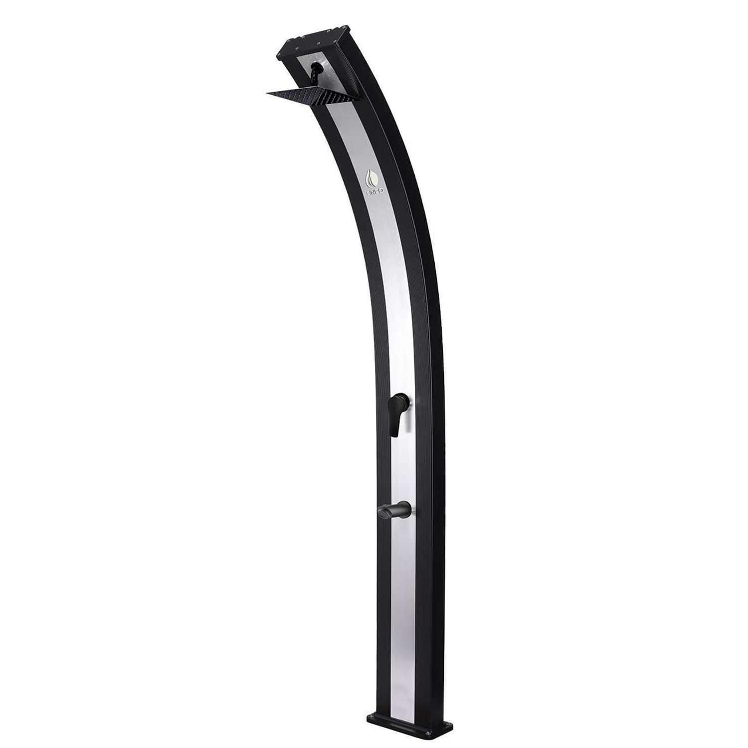 Sined Doccia Solare Nera in Alluminio con Fascia Centrale Inox Serbatoio 40 Litri Altezza 224 cm Miscelatore e Soffione Quadrato Modello Ella