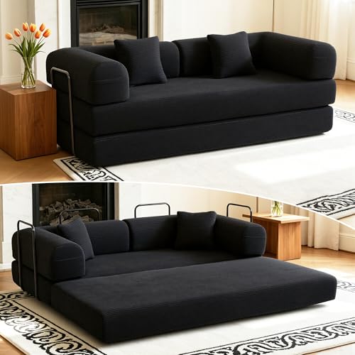 Image of 80 Inch Multi-Functional Convertible Sofa Bed, Fixed Shape Frame, High Density Foam with Corduroy, Easy Assembly, for Living Room and Bedroom. (Black)