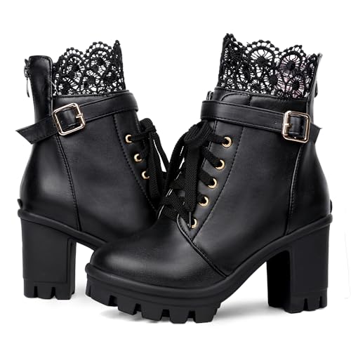 BEAUPAS Black Ankle Boots Goth Boots for Women Chunky Platform Boots Lace Up Heels Closed Toe Heeled Booties Block Heel Boots Cosplay Shoes(Black,10.5)4