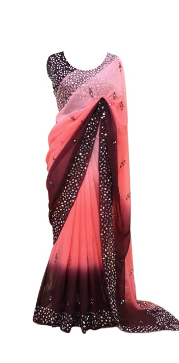 infabzon Womens Saree Bollywood Style Fox Georgette With Beautiful Multicolor Embrodery With Real Mirror Work
