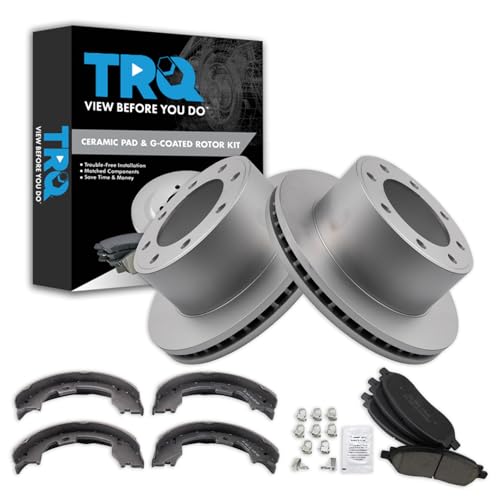 Image of TRQ Rear Brake Pad & Rotor Kit Parking Brake Shoe Set Ceramic Premium G-Coated Compatible with 2005-2007 Ford F-250 Super Duty F-350 Super Duty