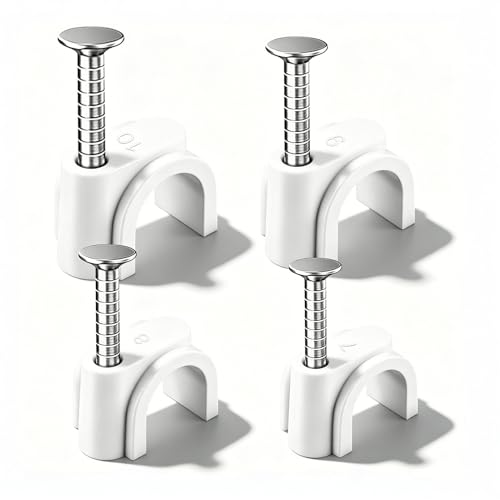 Cable Clips 400 Pcs, 7mm 8mm 9mm 10mm Nail in Wire Wall Clips with Steel Nails, Ethernet Cable Management Organizer, Coax Cable Tacks for Cat6 RJ45 Speaker Wire TV Cords – White