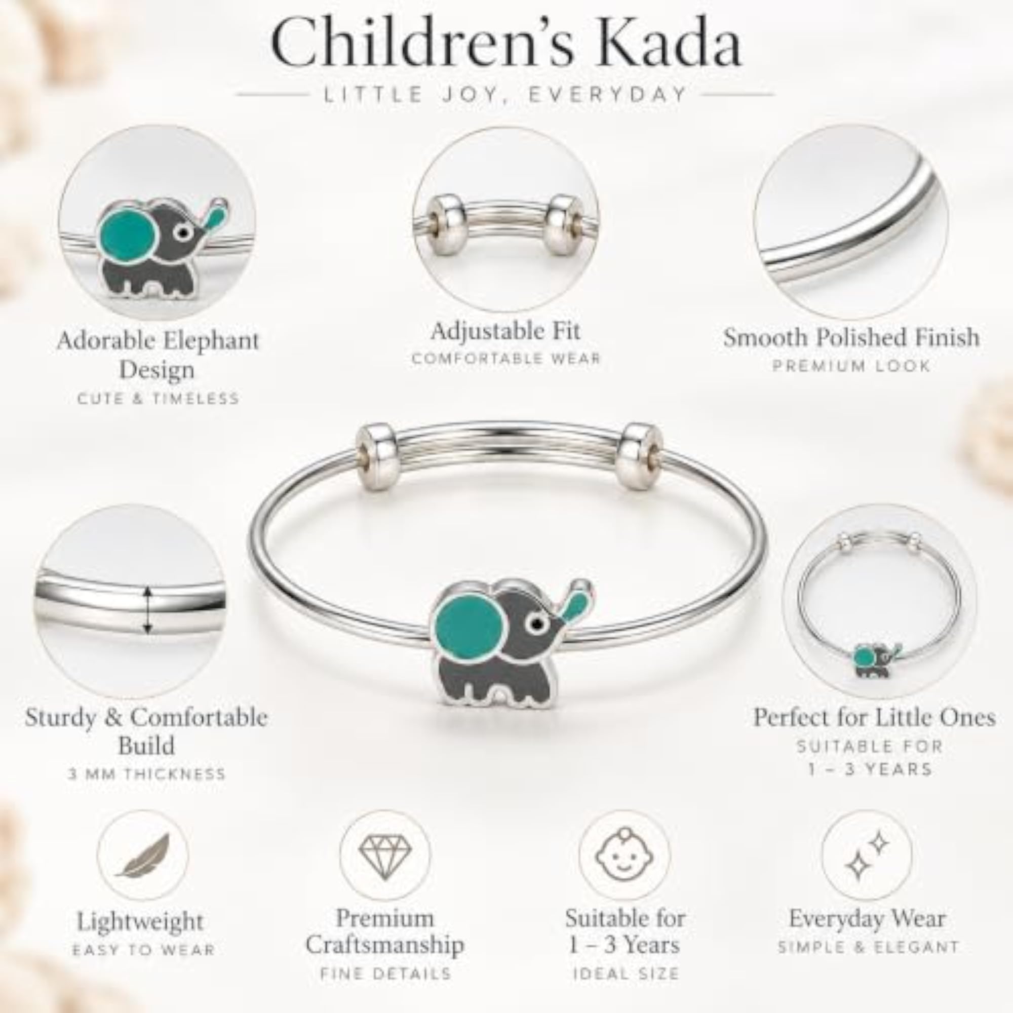925 Sterling Silver Elephant Design Kids Kada, Adjustable