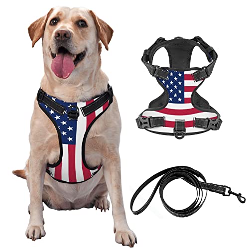 American Flag Dog Harness,No-Pull Pet Harness with Leash,Reflective and Adjustable Outdoor Pet Oxford Vest,with Easy On-Off Technology,for Training, Walking, No-Choke.