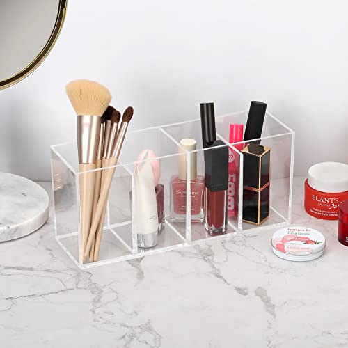 Maxgear Acrylic Pen Holder 4 Compartments Pencil Holder For Desk & Wall Mounted Marker Holder, 3 Compartments Acrylic Holder For Remotes, Pens, Makeup, Markers, Clear Remote Control Holder #TOP3
