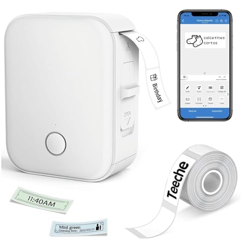 Impressora Térmica de Etiquetas Portátil, Bluetooth, 15mm Largura, Bateria 1000mAh, com App e Rolo de Etiqueta, Branca (Impressora + Rolo de Papel)