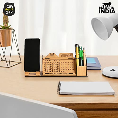Image of GKD Desk Calendar Lifetime Infinite Perpetual Wooden Table Calendar Best For Office Stationery Items With Mobile Stand And Desk Organizer Big Size (Bamboo) (Mahatma Gandhi)