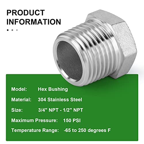 TAISHER 5PCS 304 Stainless Steel Reducer Hex Bushing, 3/4\" NPT Male x 1/2\" NPT Female, Reducing Pipe Adapter Fitting