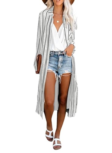 Dokotoo Womens Summer Beach Long Boho Chiffon Front Button Down Collared Neck Striped Long Sleeve Bathing Suit Swim Suit Bikini Kimonos Swimwear Swimsuit Cover Ups For Women Cardigans White X-Large #TOP28