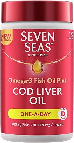 Seven Seas Cod Liver Oil Tablets With Omega-3, Fish Oil, One A Day, 4 Months Supply (120 Capsules), EPA & DHA, With High Strength Vitamin D & A