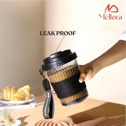 Image of MELLORA Premium Hustler Black Sipper Tumbler - 400ml | Rubber Grip Mug with Anti - Leak Proof Lid for Hot & Cold Beverages | Wide Mouth Transparent Flask | Perfect for Office & Travel - Black