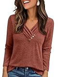 AUTOMET Womens Long Sleeve Tunic Top Lightweight Sweaters V Neck Button Shirts 2026 Dressy Casual Business Blouses Trendy Sweatshirt Fall Fashion Clothing Caramel L