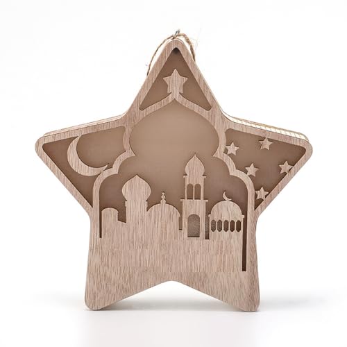 Uposao Eid Mubarak Decoracion Lámpara de madera Musulmana, Lámpara Palacio Estrella Luna LED Adornos Oficina para Ramadán Decoraciones Fiesta Eid