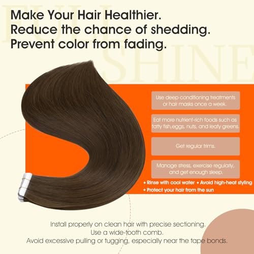 Image of Full Shine Tape in Extensions Human Hair 18 Inch Real Tape in Hair Extensions Color 4 Middle Brown Hair Extensions Real Human Hair Straight Seamless Skin Weft 20Pcs 50G Remy Invisible for Women