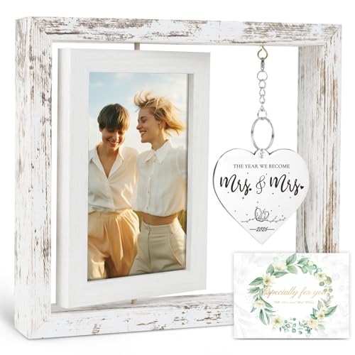 PIKPEOD Mrs and Mrs Picture Frame Wedding Gifts for Lesbian Wedding Engagement Bridal Shower Birthday Gift for Lesbian Couple LGBT Gift Ideas for Future Mrs & Mrs (Whitewashed)
